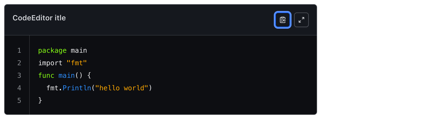 The first tabbed element in the Code Editor is the CopyButton, with it focused.